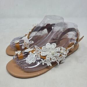 Womens Size 8 Boho Sandals Clear Strap Floral Lace Tan Flat Summer